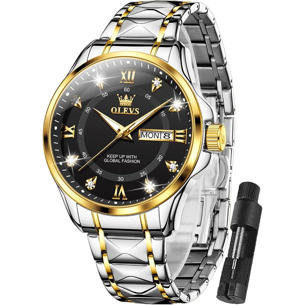 OLEVS Men's Luxury Stainless Steel Dress Watch - Silver/Gold Two-Tone, Black Dial