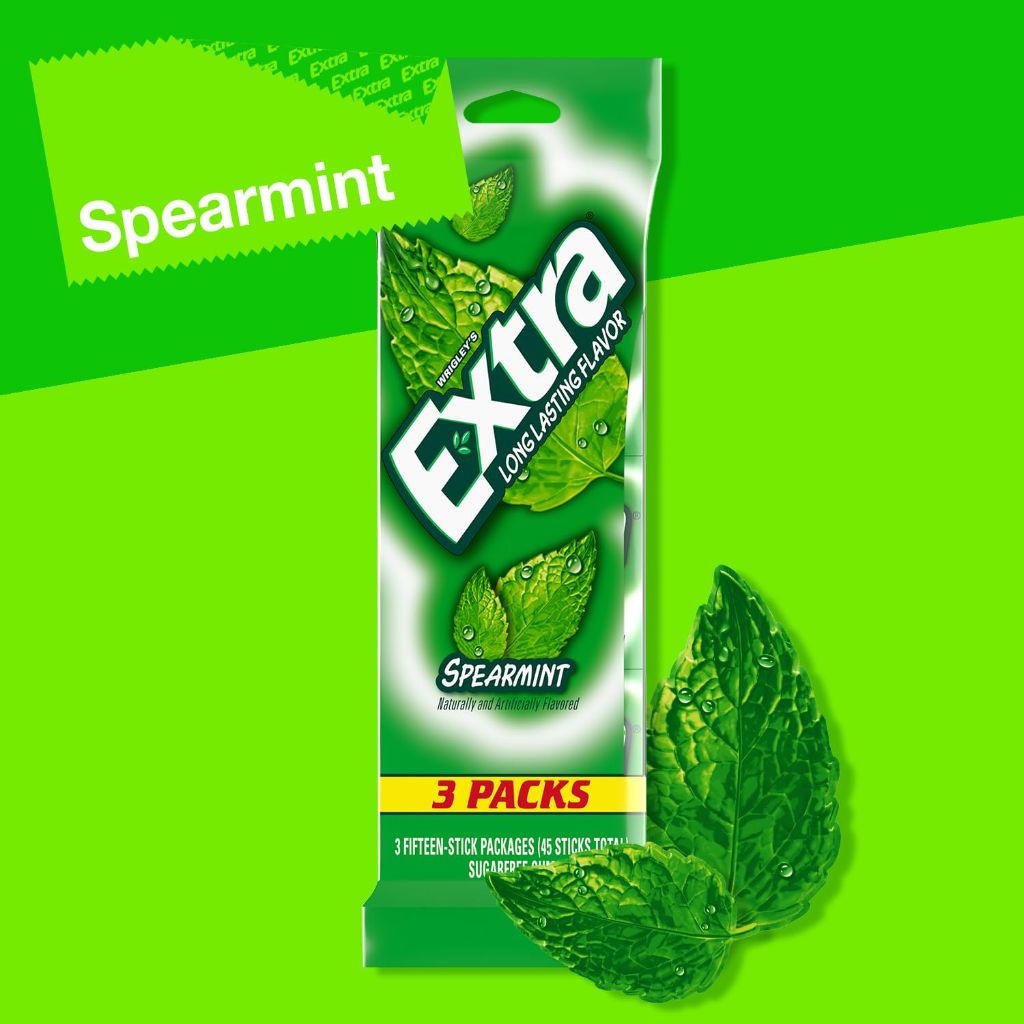EXTRA Sugar Free Chewing Gum - Spearmint, 3 Pack Bulk Gum (45 Sticks Total)