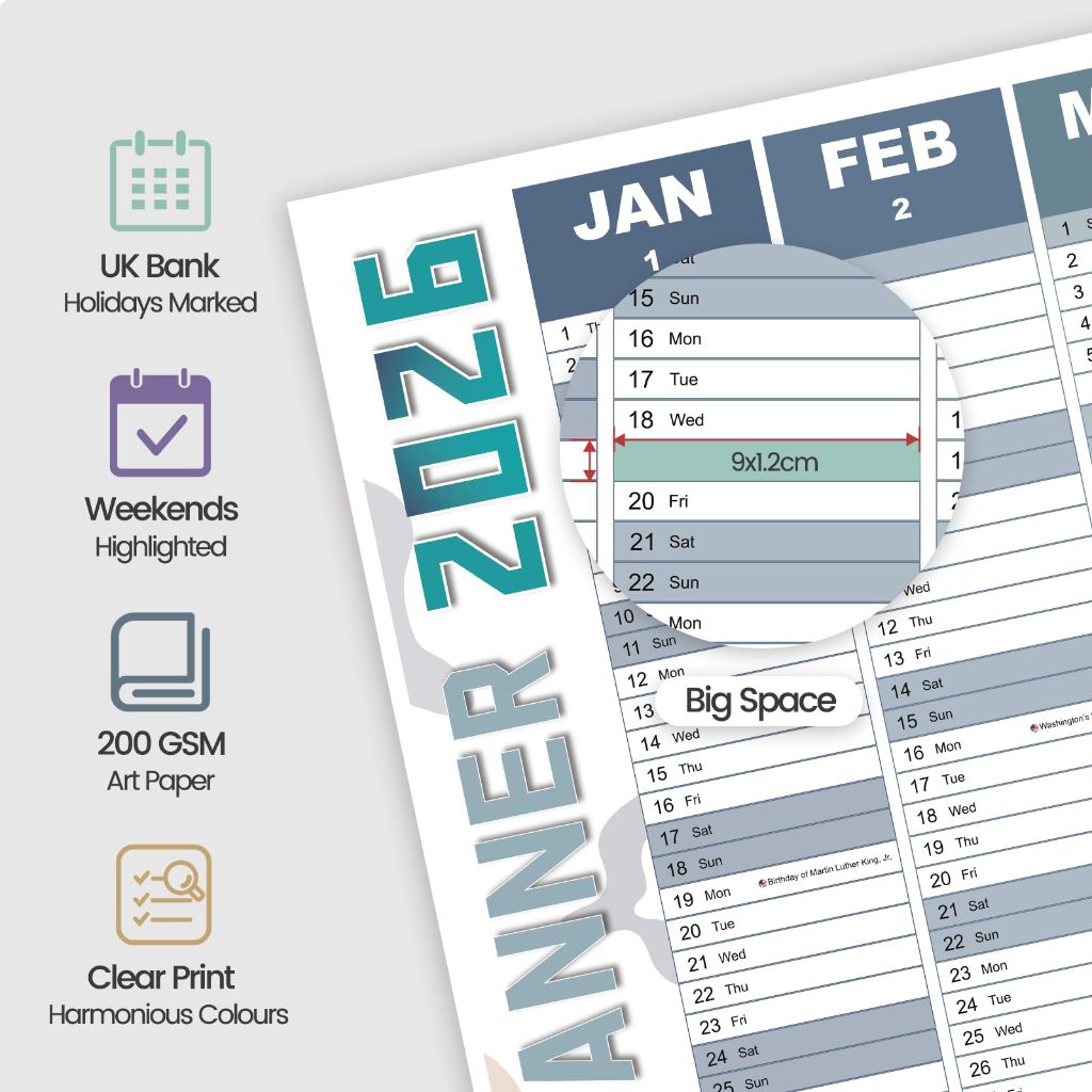 2026 Wall Planner Large 47.2"x16.5" – Double-Sided Laminated Year Calendar