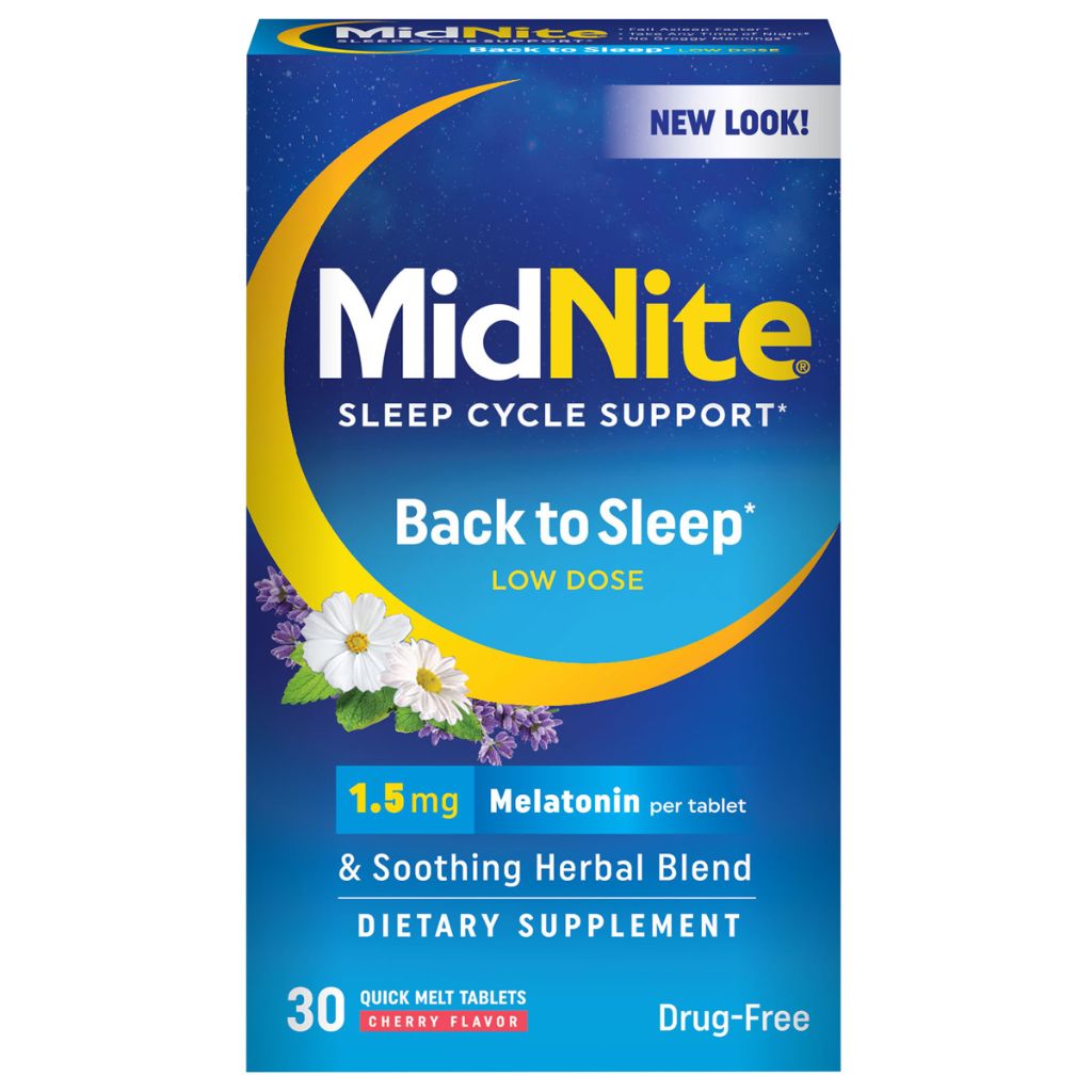 MidNite Back to Sleep Low Dose, 1.5 mg Melatonin Sleep Aid, 30 Quick Melt Tablets