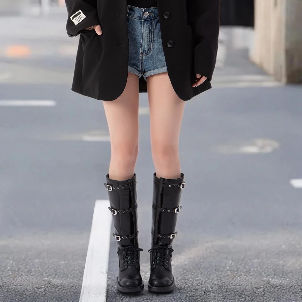 Athlefit Black Knee High Boots for Women Wide Calf Tall Riding Boots Slip On Chunky Low Heel Booties