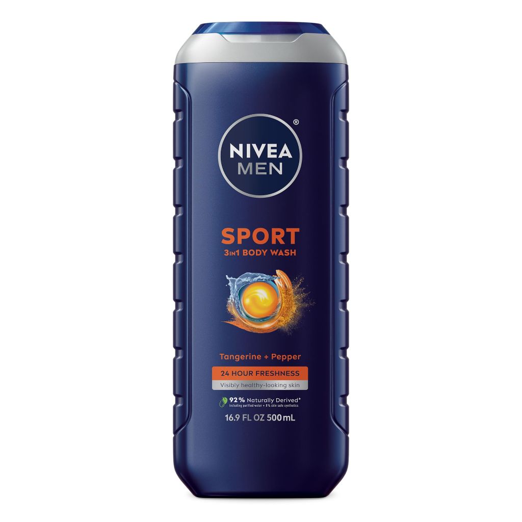 NIVEA 3-in-1 Men's Sport Body Wash with Revitalizing Minerals, Tangerine and Pepper Scent | 16.9 Fl Oz Bottle