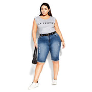 City Chic Plus Size Knee Turn up Short - Mid Denim( Size 22)