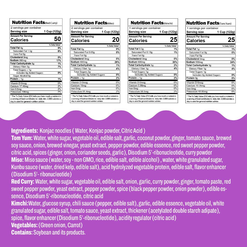 Hethstia Konjac Noodle Soup, 6-Pack Instant Shirataki Noodle Variety Pack (Spicy Red Curry, Miso, Kimchi, Tom Yum)