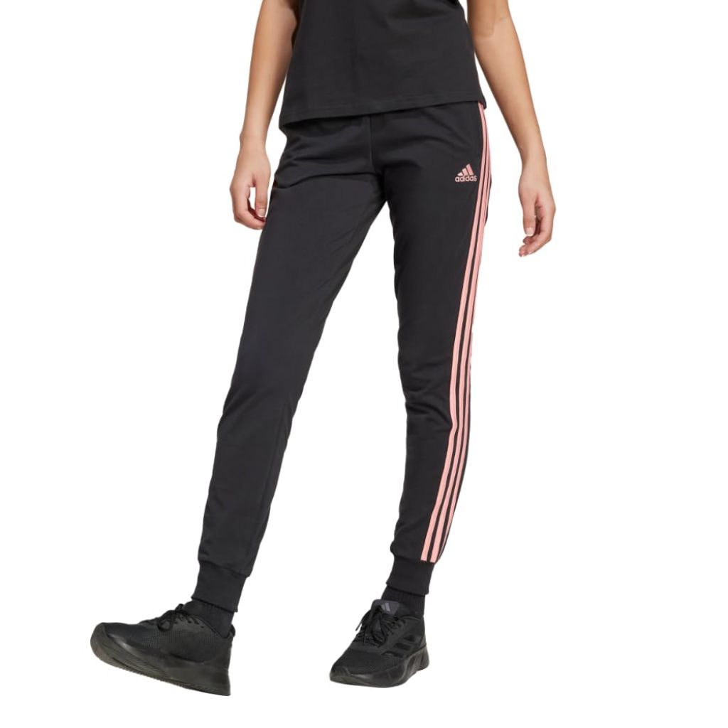 adidas Women's Essentials 3-Stripes Single Jersey Pants, Black/Pink - Size XXS