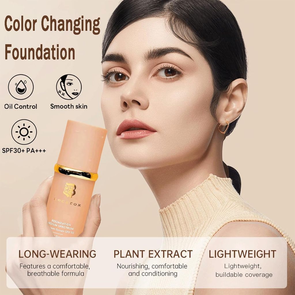 4 in 1 Color Changing Foundation Liquid, Hydrating Medium full coverage concealer with, SPF 50+ (1PCS)