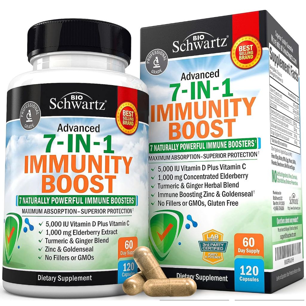 Immune Support Supplement with Zinc Vitamin C Vitamin D 5000 IU Elderberry Ginger D3 Goldenseal - 120ct