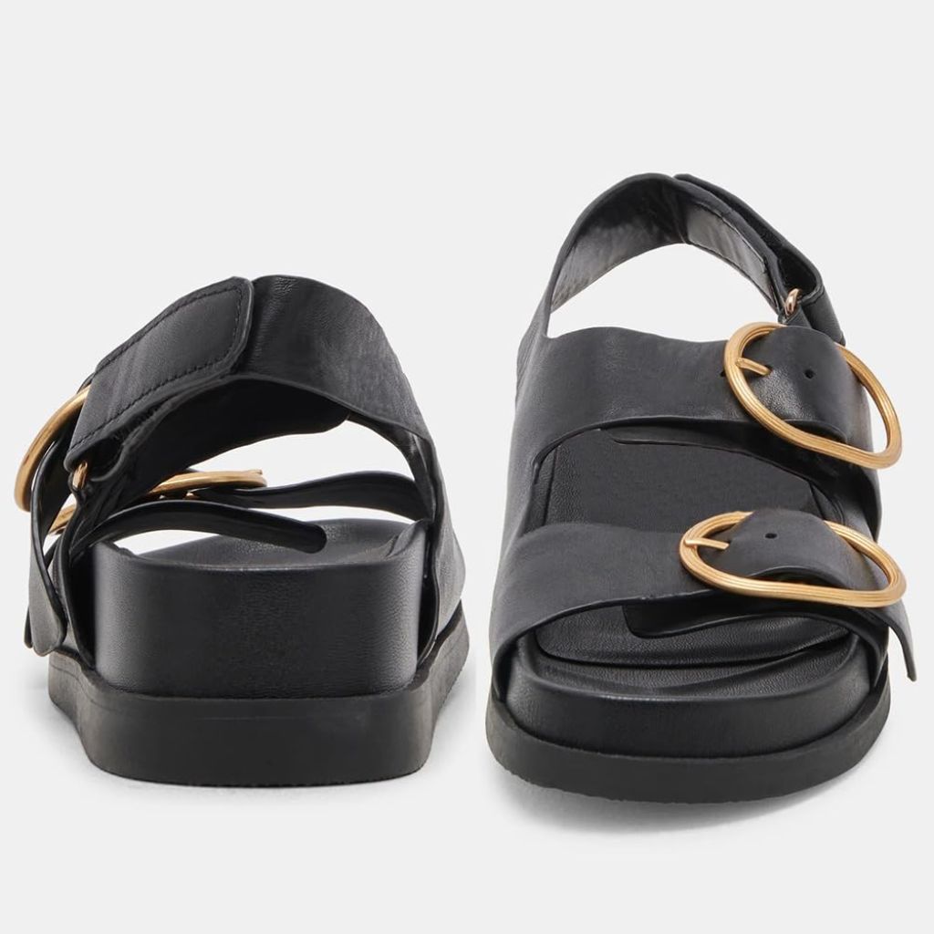 SZ 7.5, Lovee Cosee Black Flat Sandals for Women with Arch Support Cushioned Footbed