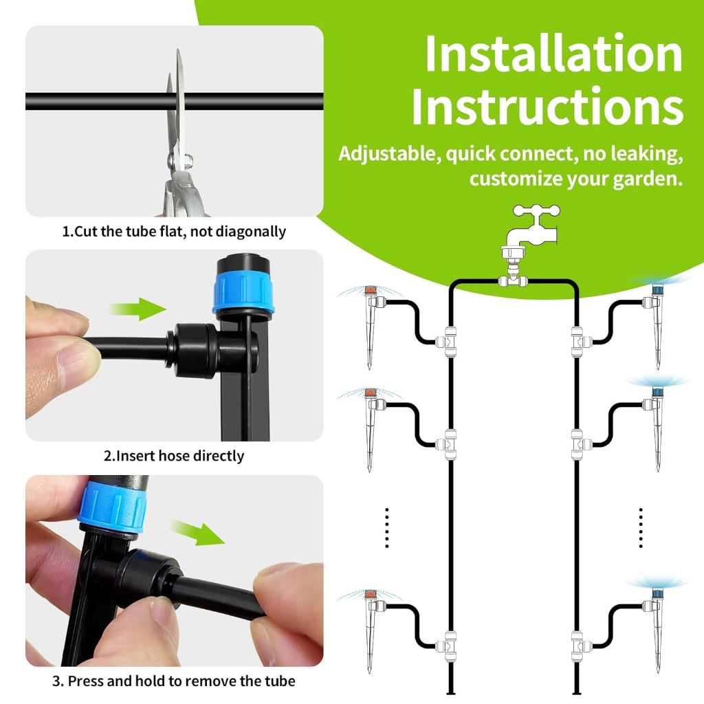 Drip Irrigation System for Garden Quick Connect, Garden Watering System Patio Lawn, 98FT DIY Automatic Irrigation Kit with 1/4" Hose, Splitters, Emitters