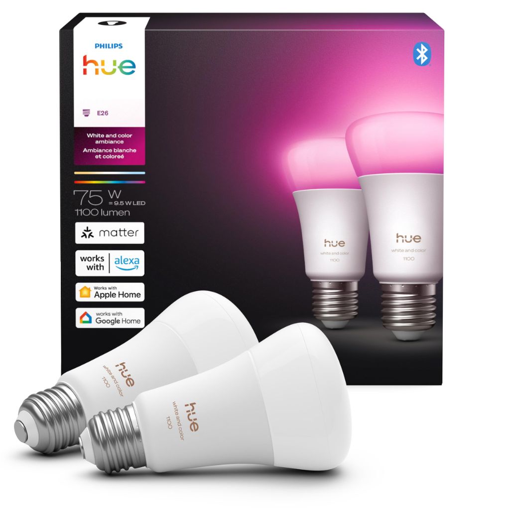 Philips Hue Smart LED A19 Bulb, White and Color Ambiance, E26 Base, 9.5W, Full Spectrum Light 1000K-20000K, 1100 Lumens, Dimmable, Compatible with Alexa, Google Assistant, and Apple Home, 2 Pack