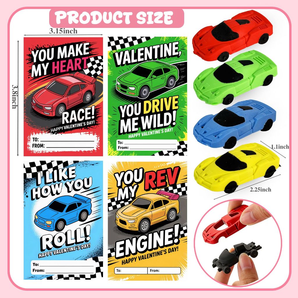 24pcs Valentines Day Cards for Kids School with Car Erasers