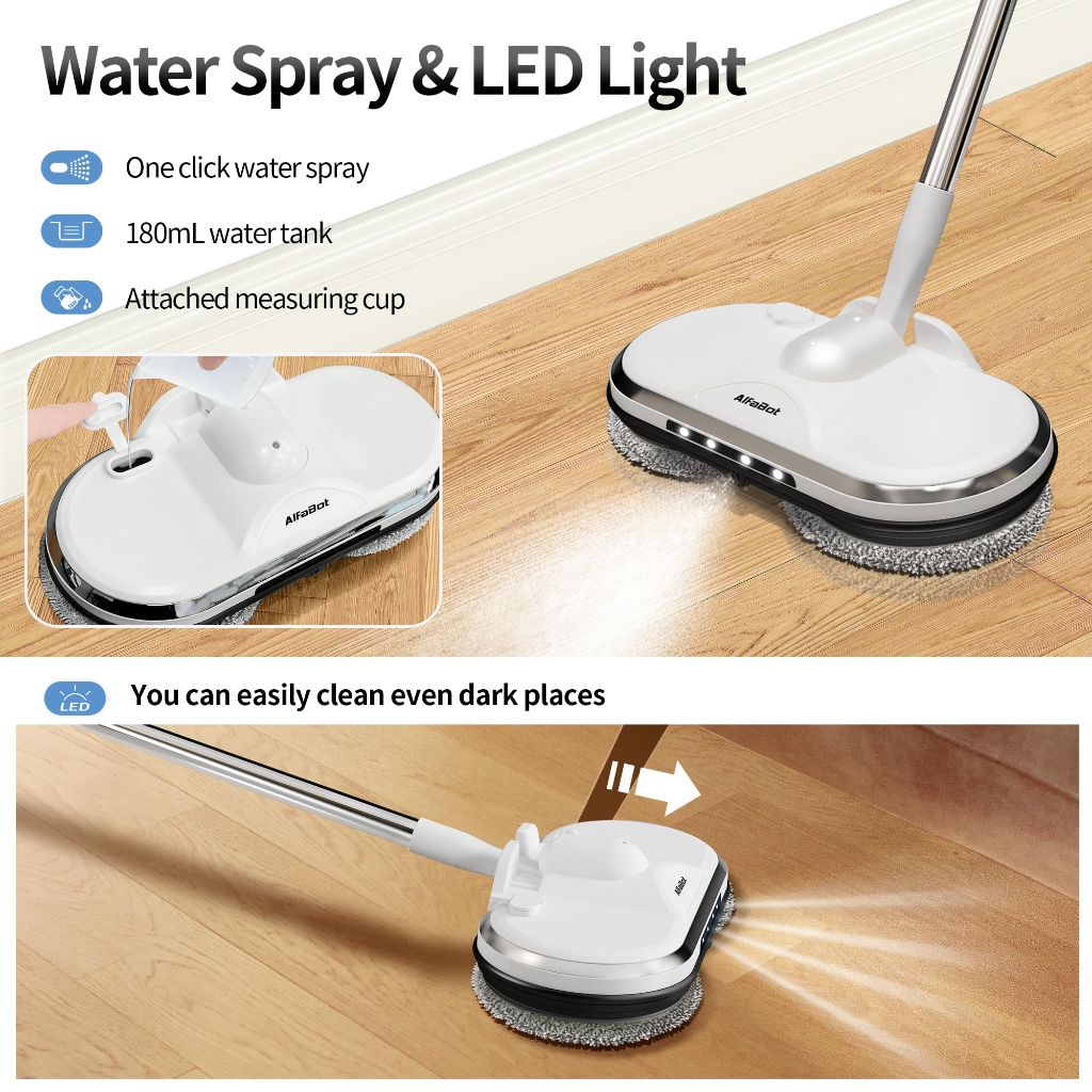 AlfaBot Cordless Electric Mop with Water Sprayer and LED Headlight, Lightweight & Rechargeable (WS-24)