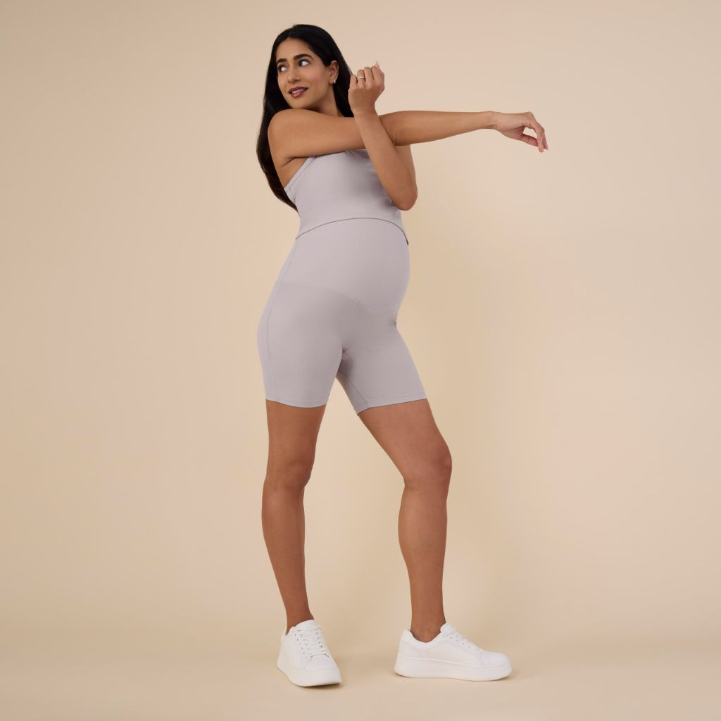 Motherhood Maternity Women's Over The Belly Ribbed Biker Pregnancy Workout Shorts, Opal, X-Large