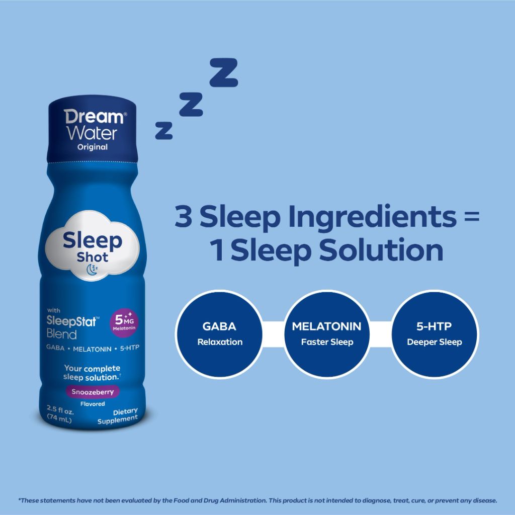 Dream Water Sleep Aid Supplement Drink, Sleep Aids for Adults, Melatonin 5mg, GABA, 5-HTP; Zero Sugar, Natural Flavors, No Added Colors, 2.5 oz Liquid Sleep Shots, Snoozeberry Flavor, 12-Count