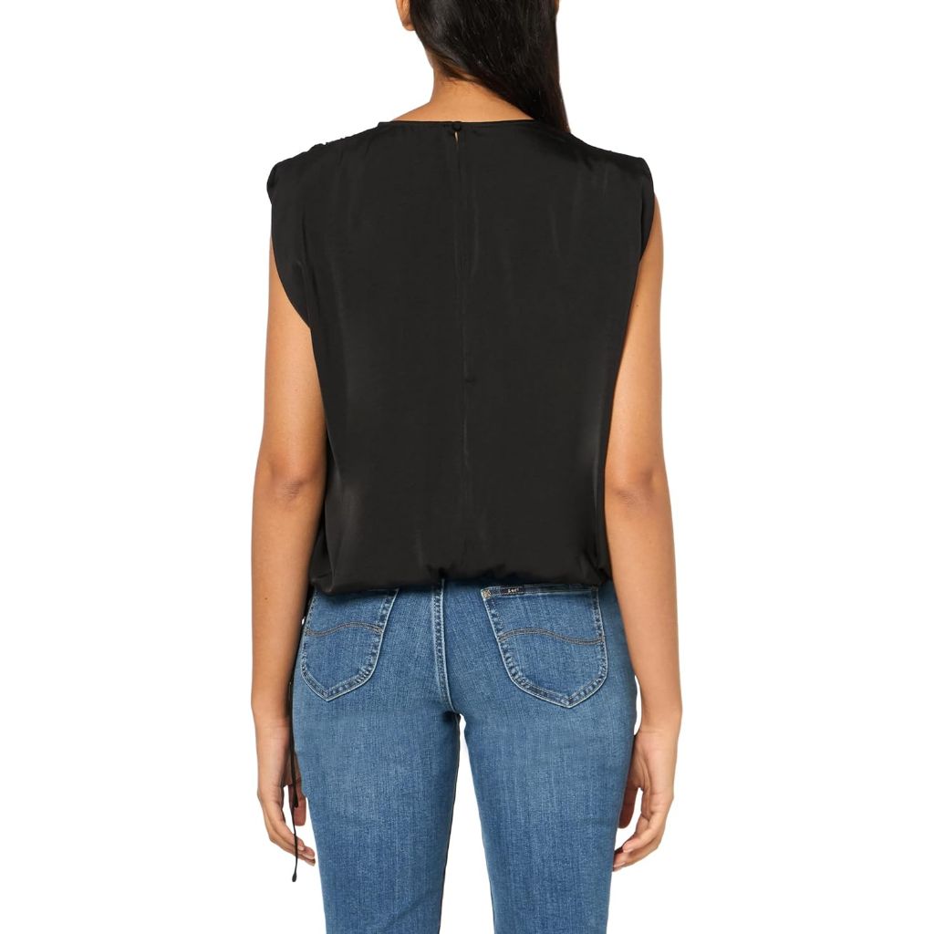 BCBG New York Women's Sleeveless Drawstring Crew Neck Top, Black Onyx - Size XXS