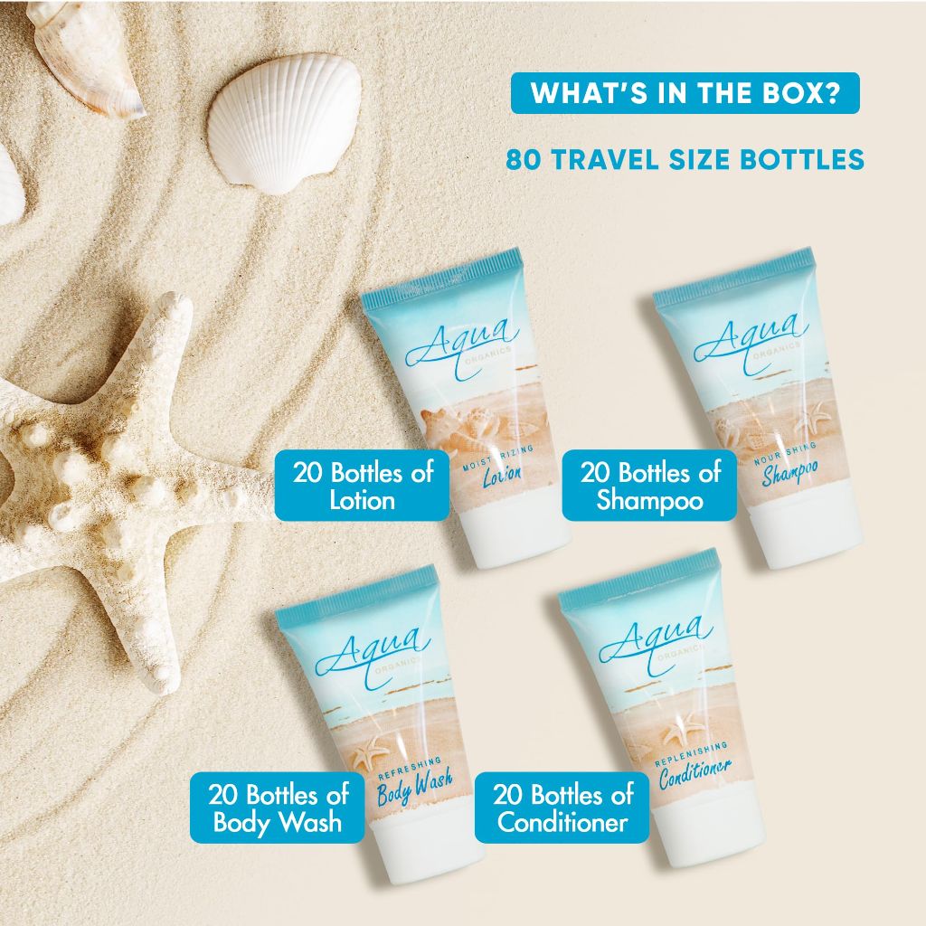 Aqua Organics Hotel Soaps & Toiletries Bulk Set, 1oz Shampoo & Conditioner, Body Wash, Lotion - 80pcs