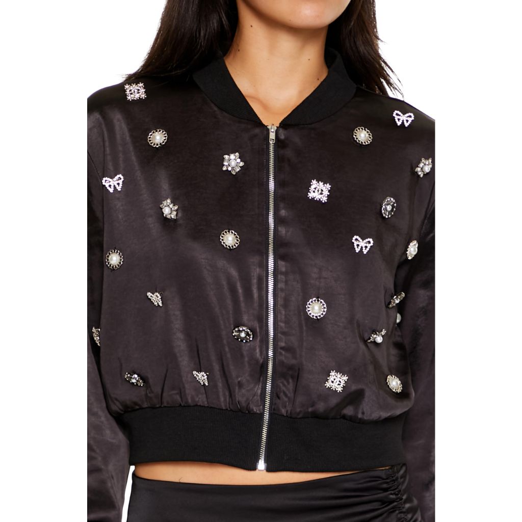 Forever 21 Women's Rhinestone Charm Bomber Jacket Black Small