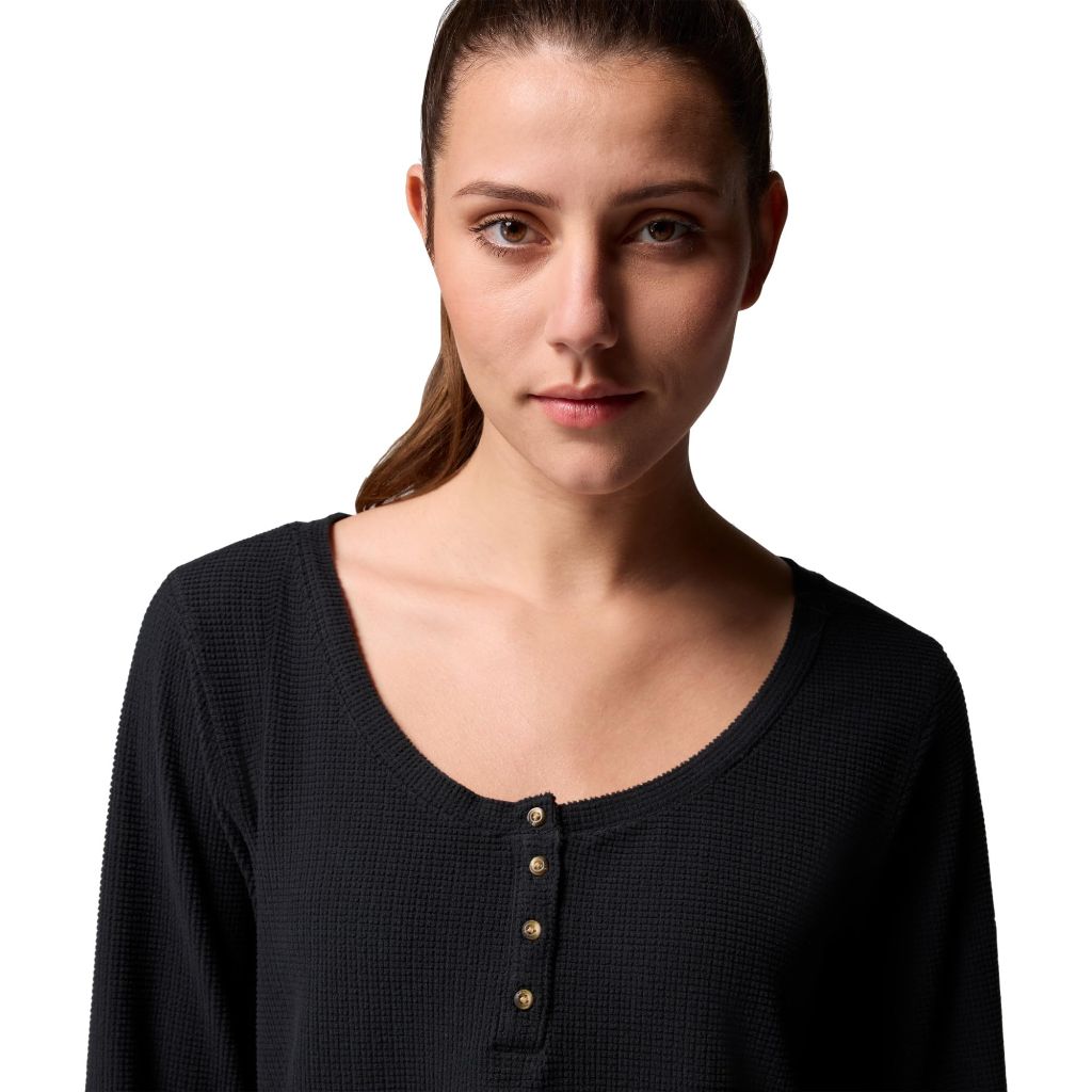 Columbia Womens Brea Falls Grid Henley Long Sleeve, Black, Large