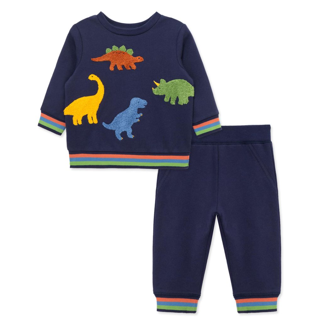 Little Me Clothes for Baby Boys' Dino 2-Piece Sweatshirt Set, Blue, 12 Months