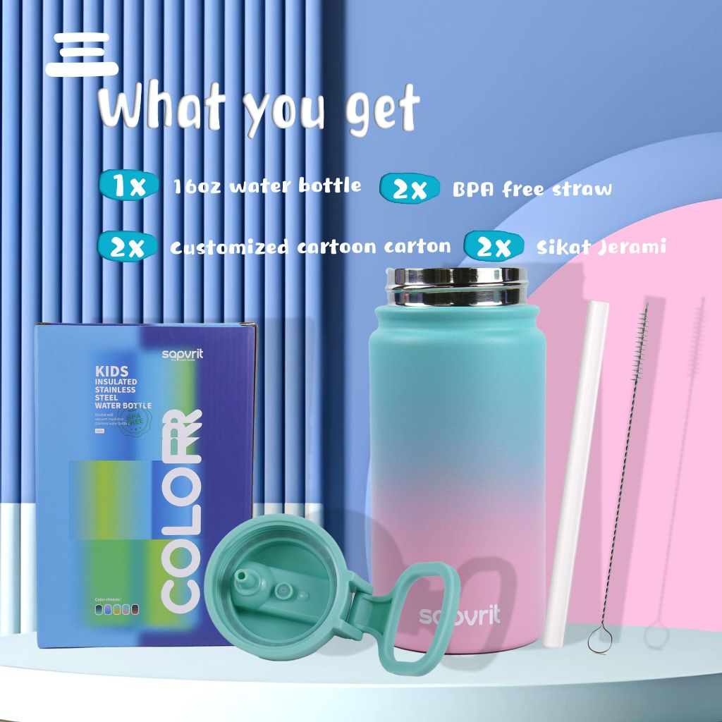Water Bottle, 16 oz Water Bottles with Straw and Stickers (16OZ GREEN PINK+16OZ BLUE GREEN)
