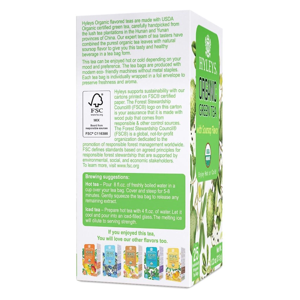 Hyley's Organic Green Tea Soursop Flavor - 25 Tea Bags (12 Pack)