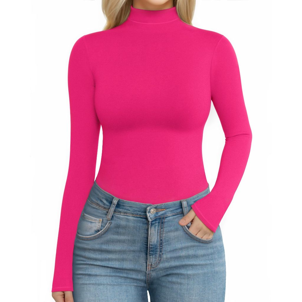 MANGOPOP Women's Turtle Neck Long Sleeve Shirt, Fitted, Rose Pink, Small
