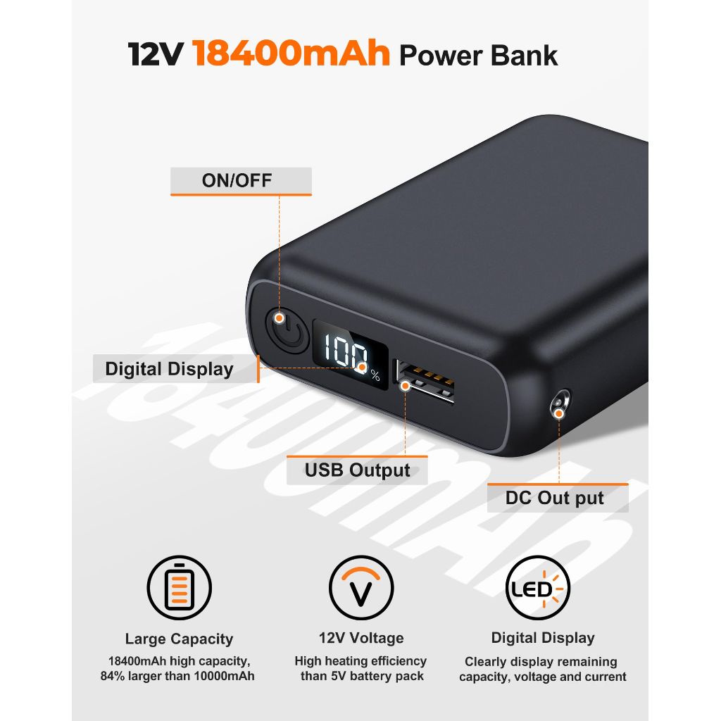 Hecusma 12V 18400mAh Heated Jacket Battery Pack, Battery Pack for Heated Jacket, Rechargeable Power Bank for Heated Jacket, Heated Pants with DC/USB/Type-C Output LED Display
