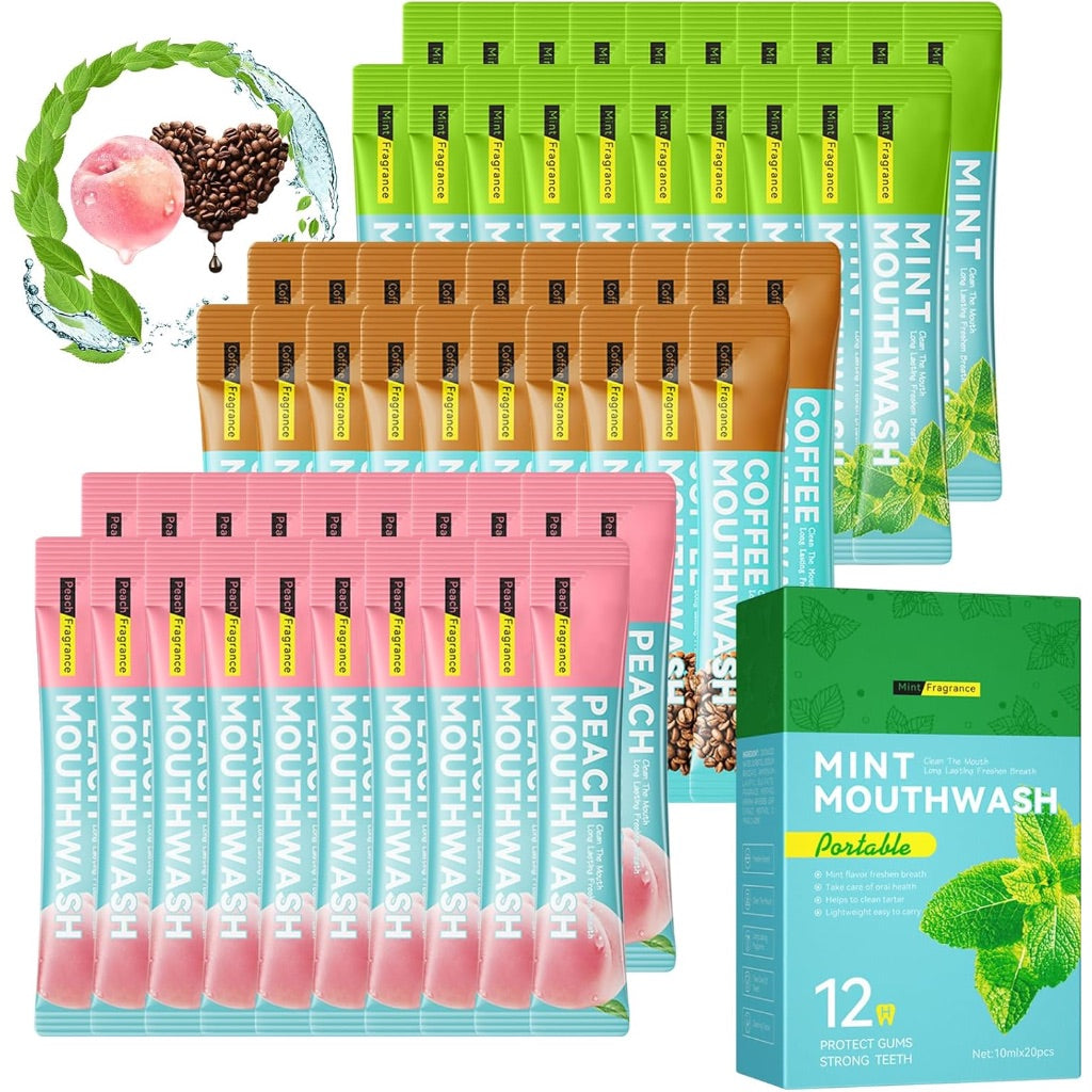 Mini Mouthwash Kit,Travel Size Portable Fresh Breath Mouth Wash,Coffee Peach Mint Flavor, 60 Individual Disposable Mouthwash Packs for Oral Care