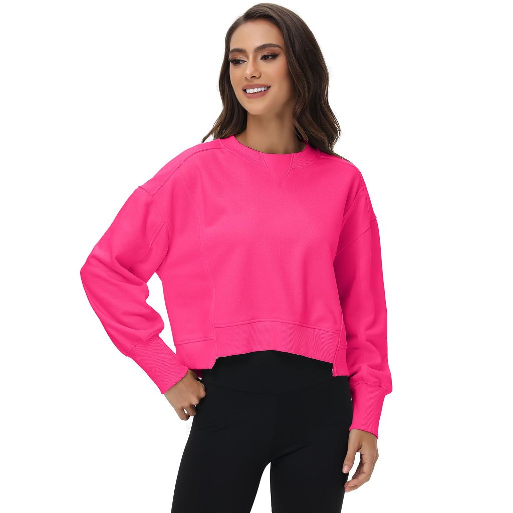 ATOFY Women's Cropped Crewneck Sweatshirts Long Sleeve Oversized Sweatshirt Pullover Fall Crop Top Outfits(Rose,XL)