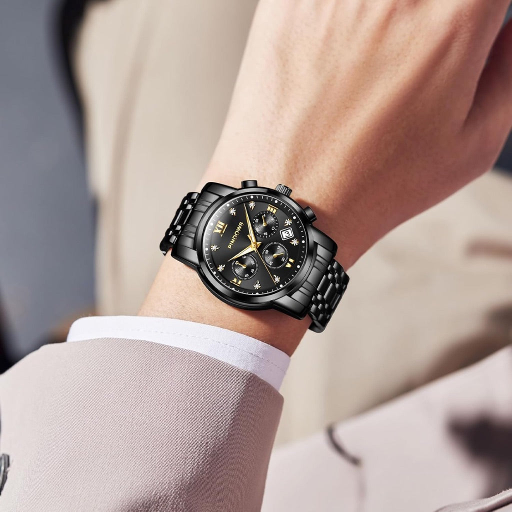 PINDOWS Men's Analog Quartz 42mm Watch - Stainless Steel Black Strap, Black Dial with Gold Numerals