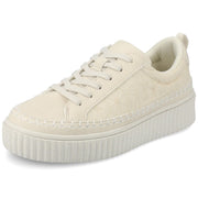 SZ 7.5M, Journee Women's Pazey cushioned footbeds platform sneaker lace up multi pattern design | BONE