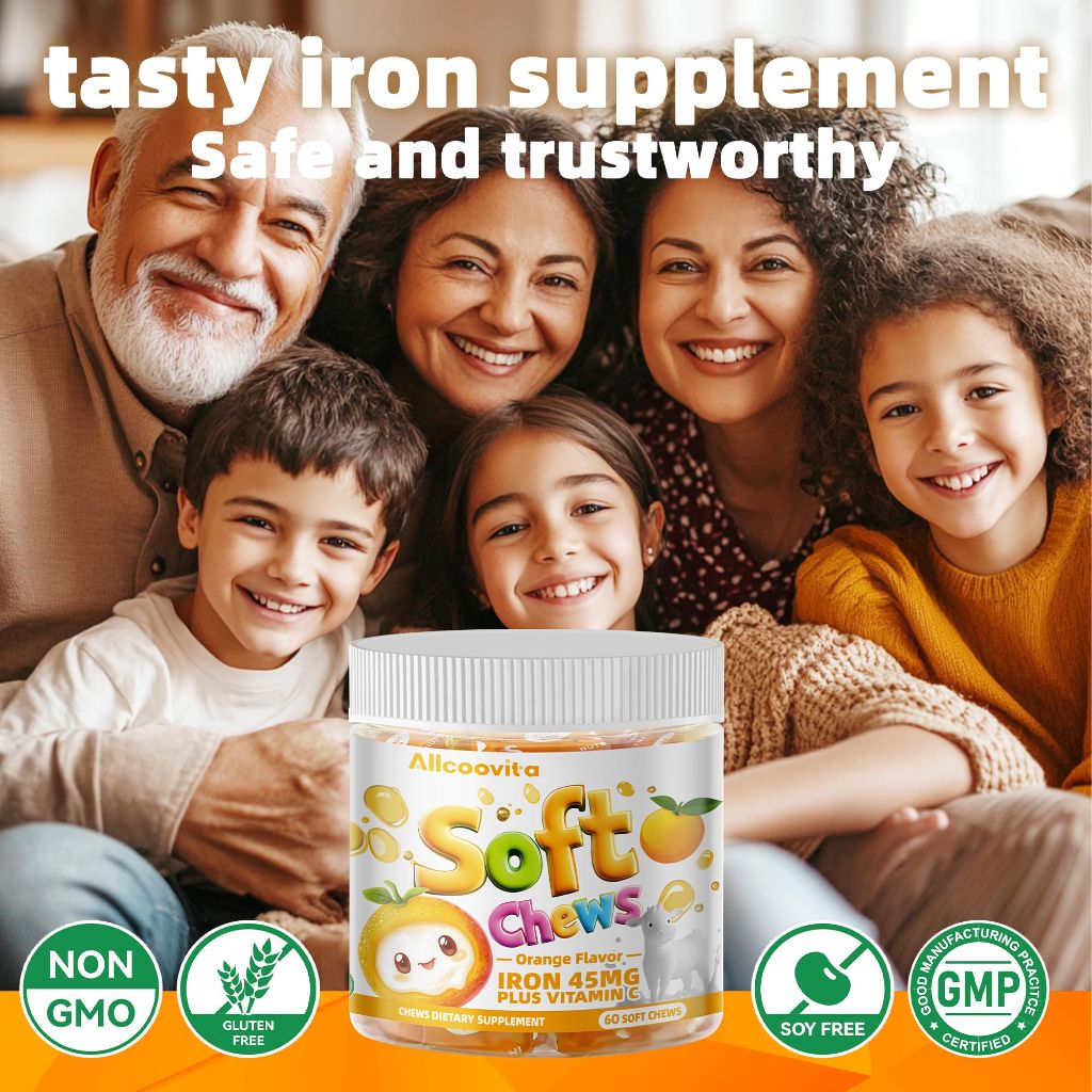 Allcoovita Iron Soft Chews Supplement with Vitamin C | Orange Flavored  | 60 Count | 2 Month Supply