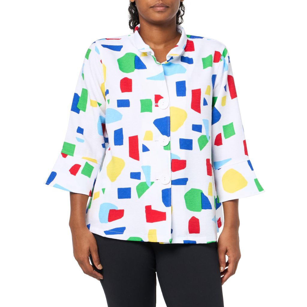 Multiples 3/4 Flounce Sleeve Wire Collar Button Front Jacket, Multi, SZ  PL