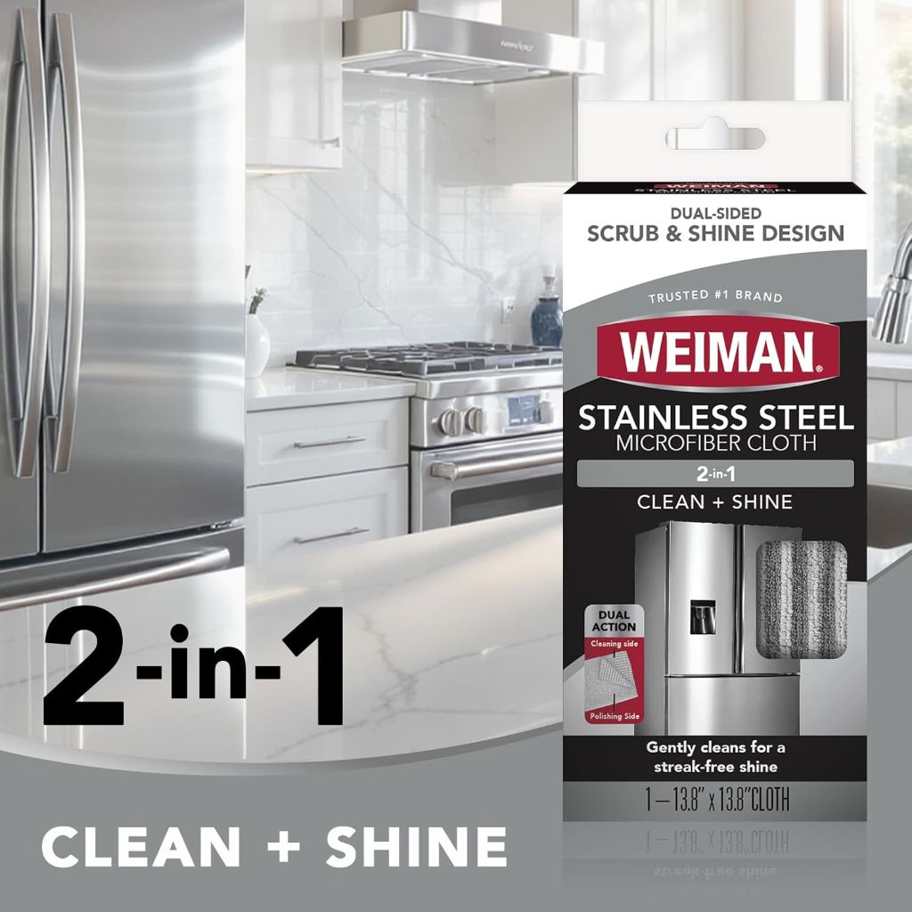 Weiman Microfiber Cloth for Stainless Steel, 13.8" x 13.8" (Pack of 2)
