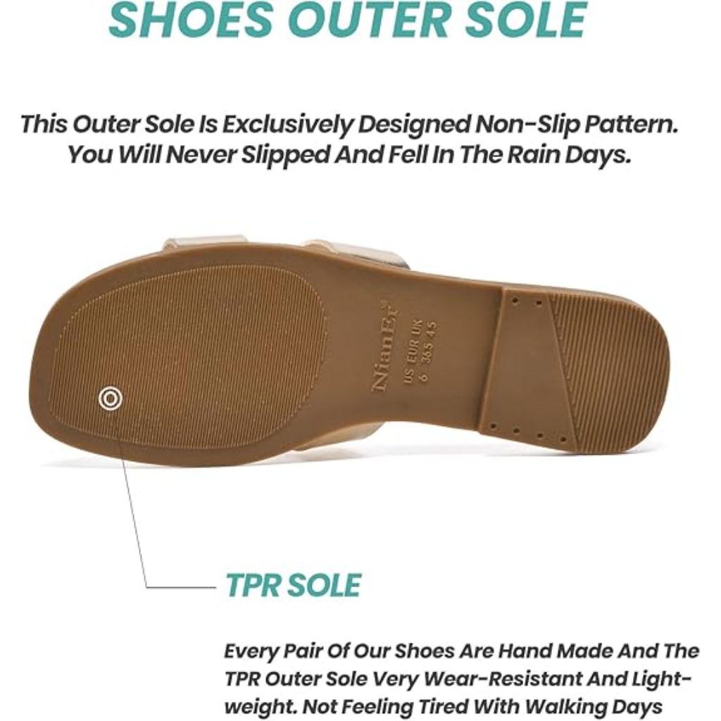 NianEr Womens Leather Sandals Square Toe Dressy Slip On Flat Sandals - Size 6.5, Gold