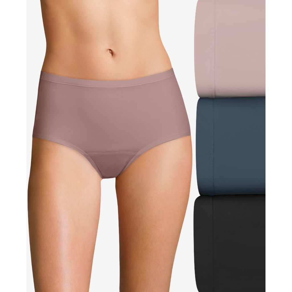 Hanes Women's Comfort Period and Postpartum Light Leak Protection Briefs - Beige/Gray/Black, Size Large (3 Pair)