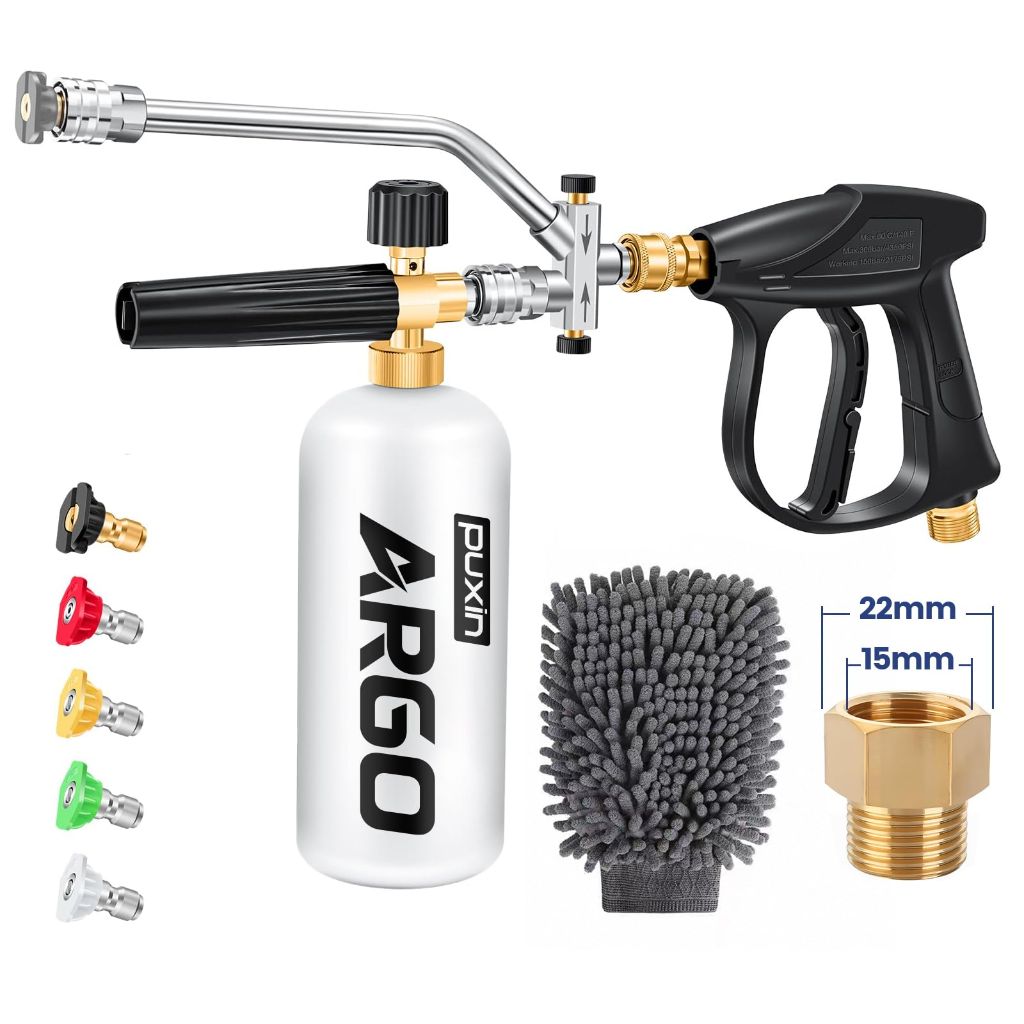 Foam Cannon for Pressure Washer, Stubby Gun with Dual Connector (M22-15mm Adapter + Wash Mitt), 5 Nozzles Tips, 4000 PSI Pressure Washer Gun, 1/4" Quick Connect for Auto/Home, 1 Liter