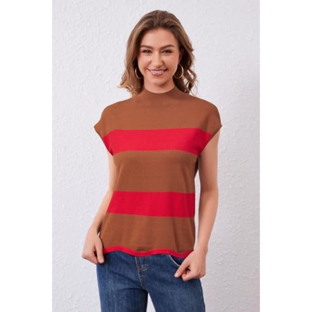 Arach&Cloz Women's Striped Cap Sleeve Tops 2025 Spring Color Block Summer Lightweight Sweater Vest Mock Neck Shirts - XL