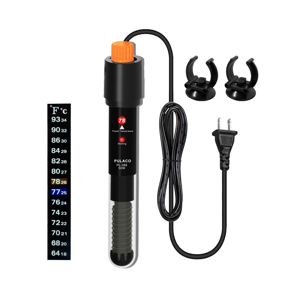 PULACO 50Watt Aquarium Heater for 6-15 Gallon Fish Tank, Adjustable Submersible Heater Thermostat with Thermometer Strip and Suction Cup