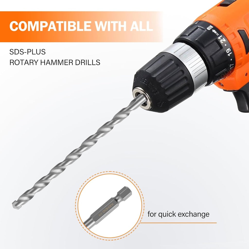 KENDO 1/4" x 6" Rotary Hammer Drill Bits Multi-Purpose Carbide Drill Bit Set - 5-Piece Carbide Tips for Concrete, Brick, Wood, Tile, for DIY Lovers