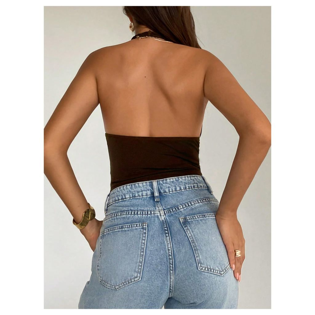 SOLY HUX Women's Deep V Neck Halter Crop Top, Coffee Brown, Medium