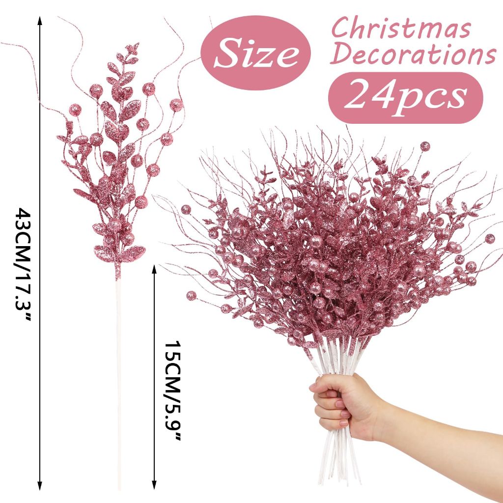 24 Pack Christmas Tree Decorations Picks and Sprays (Pink-A)