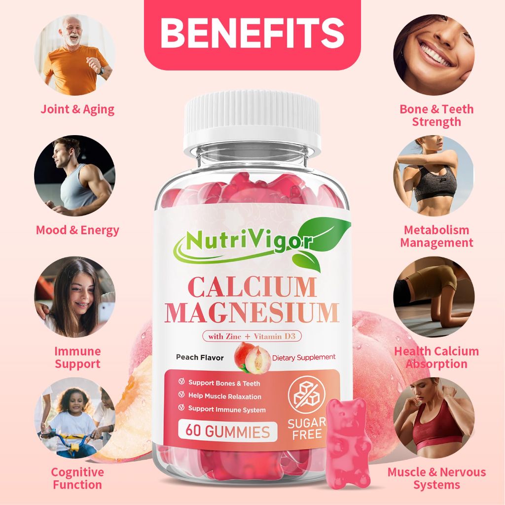 NutriVigor Calcium Gummies 600mg with Vitamin D3, Peach Flavor, 60 Count