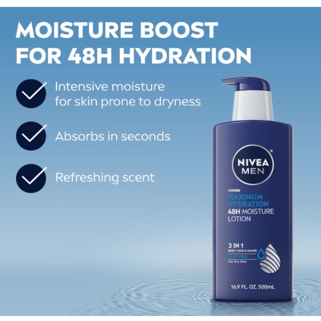 NIVEA MEN Maximum Hydration 48-Hour Moisture Body Lotion for Dry Skin, Aloe Vera Lotion for Men, 3-in-1 Body, Face and Hands, Dermatologically-Tested, 16.9 Fl Oz Bottle