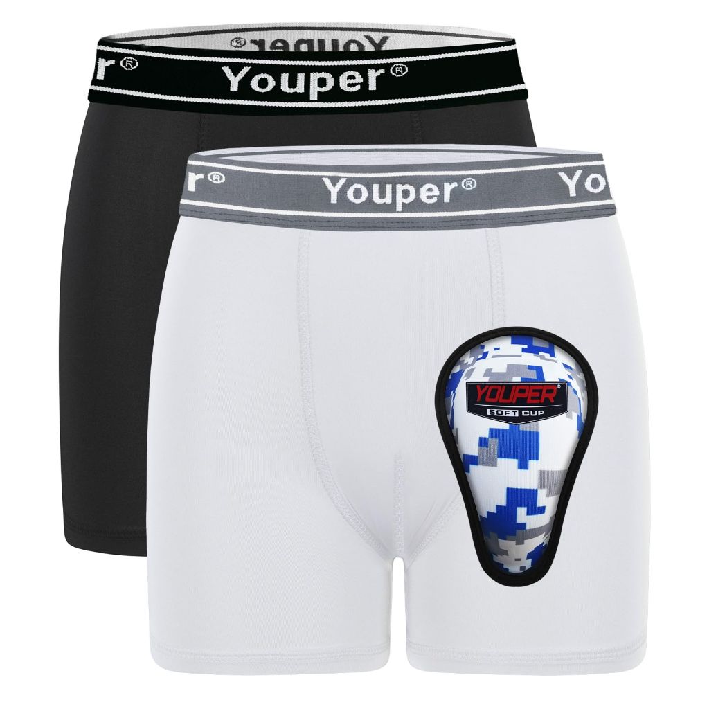 Youper Boys Compression Brief with Soft Protective Athletic Cup, White & Black, Large