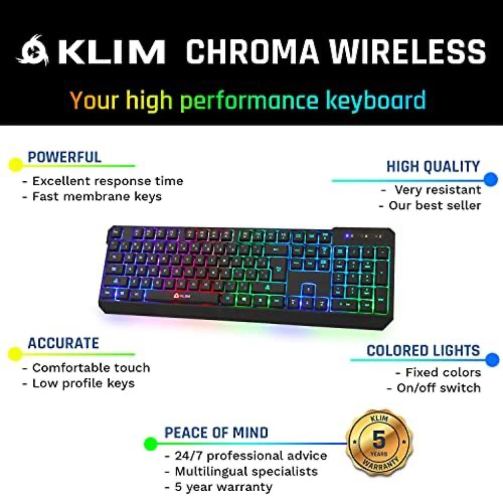 KLIM Chroma Rechargeable Wireless Gaming Keyboard, Slim, Durable, Ergonomic, Quiet, Backlit  for PC/PS4/Xbox One/Mac