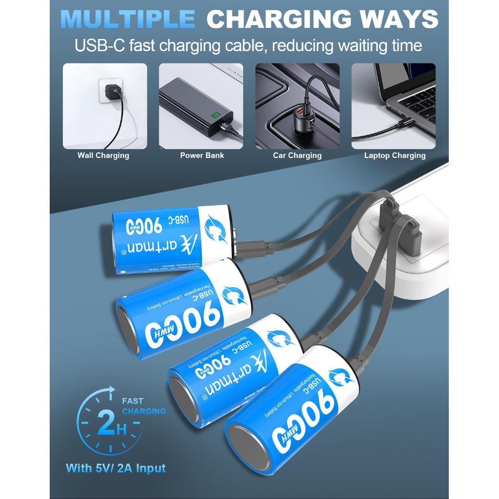 Artman Rechargeable Lithium C Batteries 4 Pack