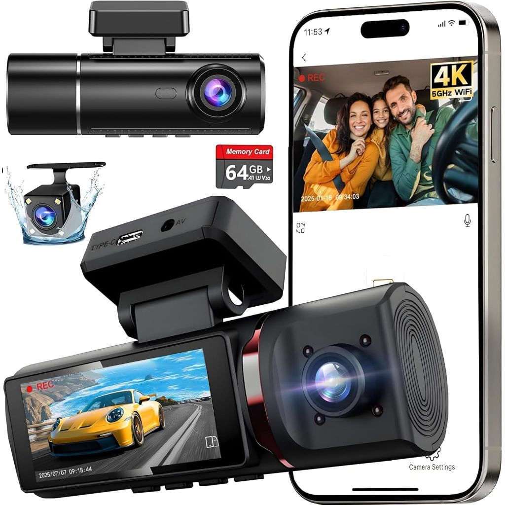 Doock 3 Channel 4K Dash Cam Front, 1080P Dash Camera Rear and Inside for Cars with 3.16 IPS Screen, 64GB Card