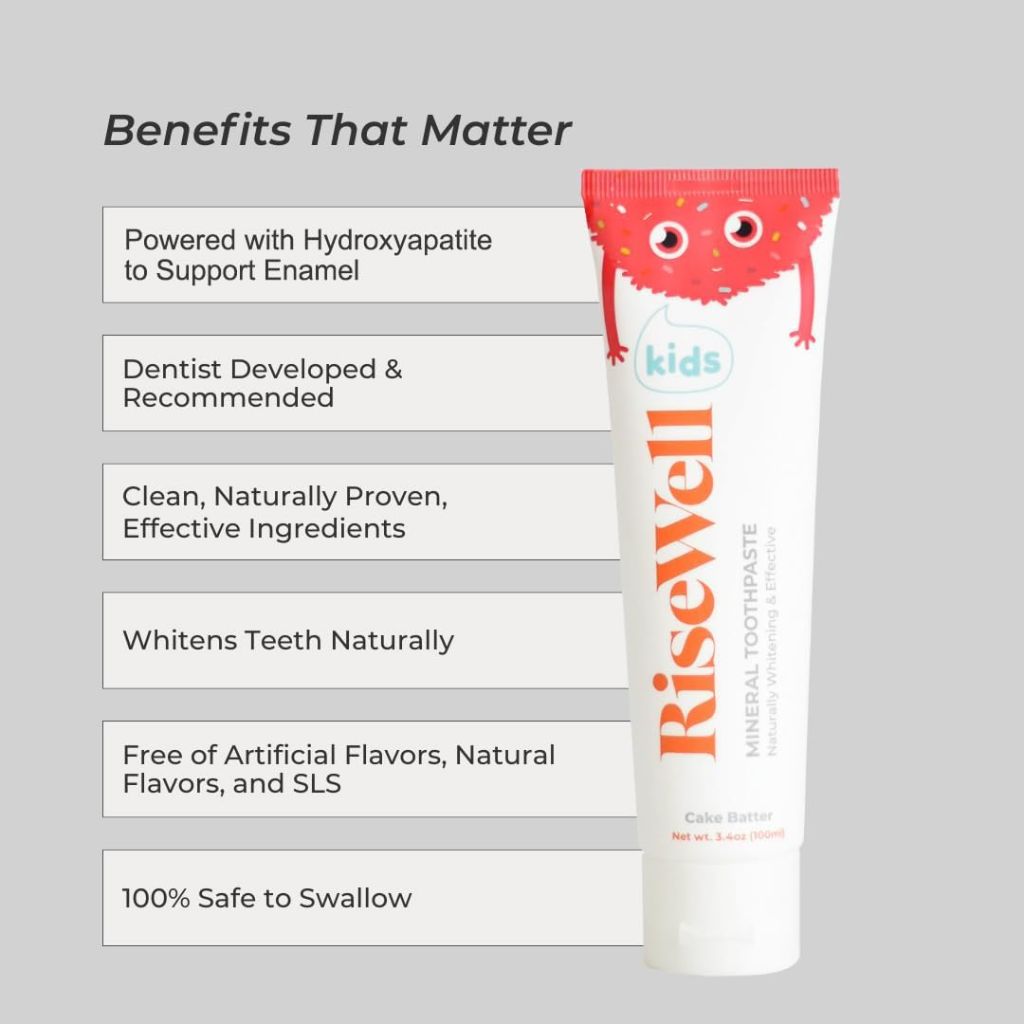 RiseWell Mineral Toothpaste for Kids - Hydroxyapatite Toothpaste with Xylitol for Teeth Protection - Cake Batter Flavor, 3.4 Oz
