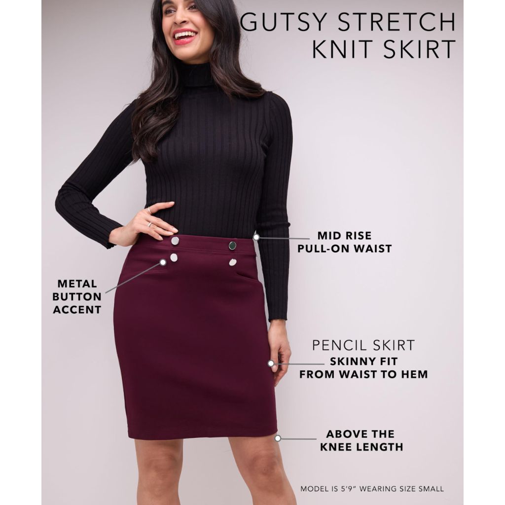 Rekucci Women's Pull-On Lux Stretchy Knit Knee Length Pencil Skirt with Button Accents (X-Small, Navy)
